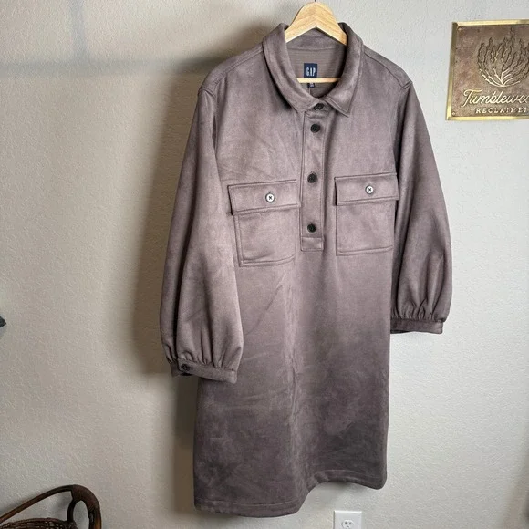 GAP Womens Faux Suede Utility Shirt Dress Mauve Brown XXL Puff Sleeve Mini - Picture 10 of 10